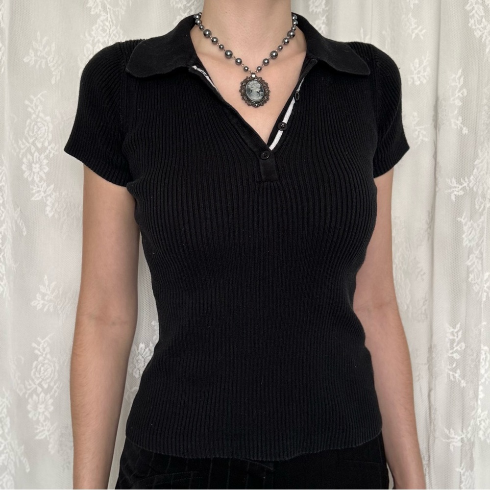 Office Siren Dark Academia Black Ribbed Polo